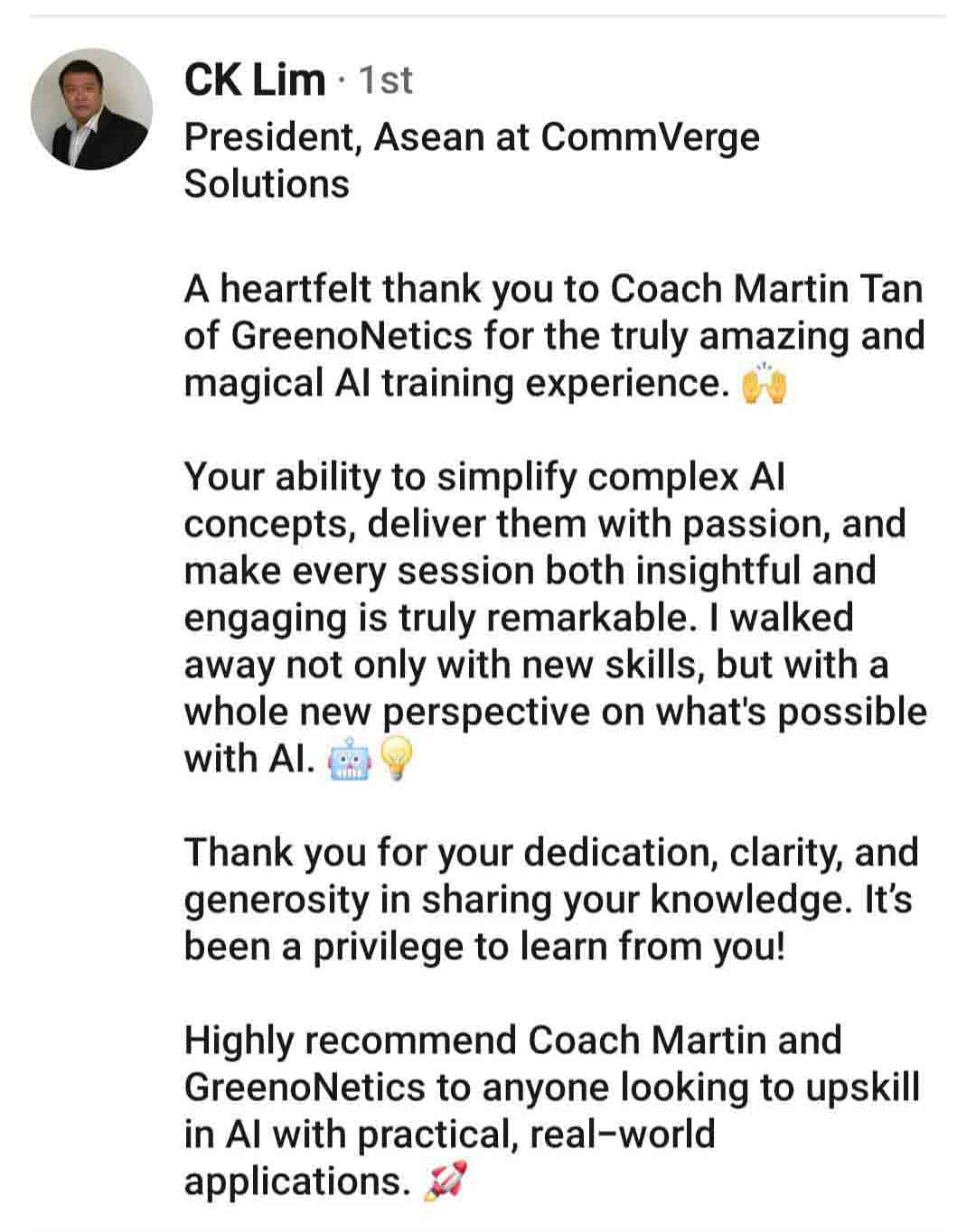 1 GreenoNetics ChatGPT Co-Pilot DeepSeek Claude AI CommVerge Solutions Client Testimonial CK Lim
