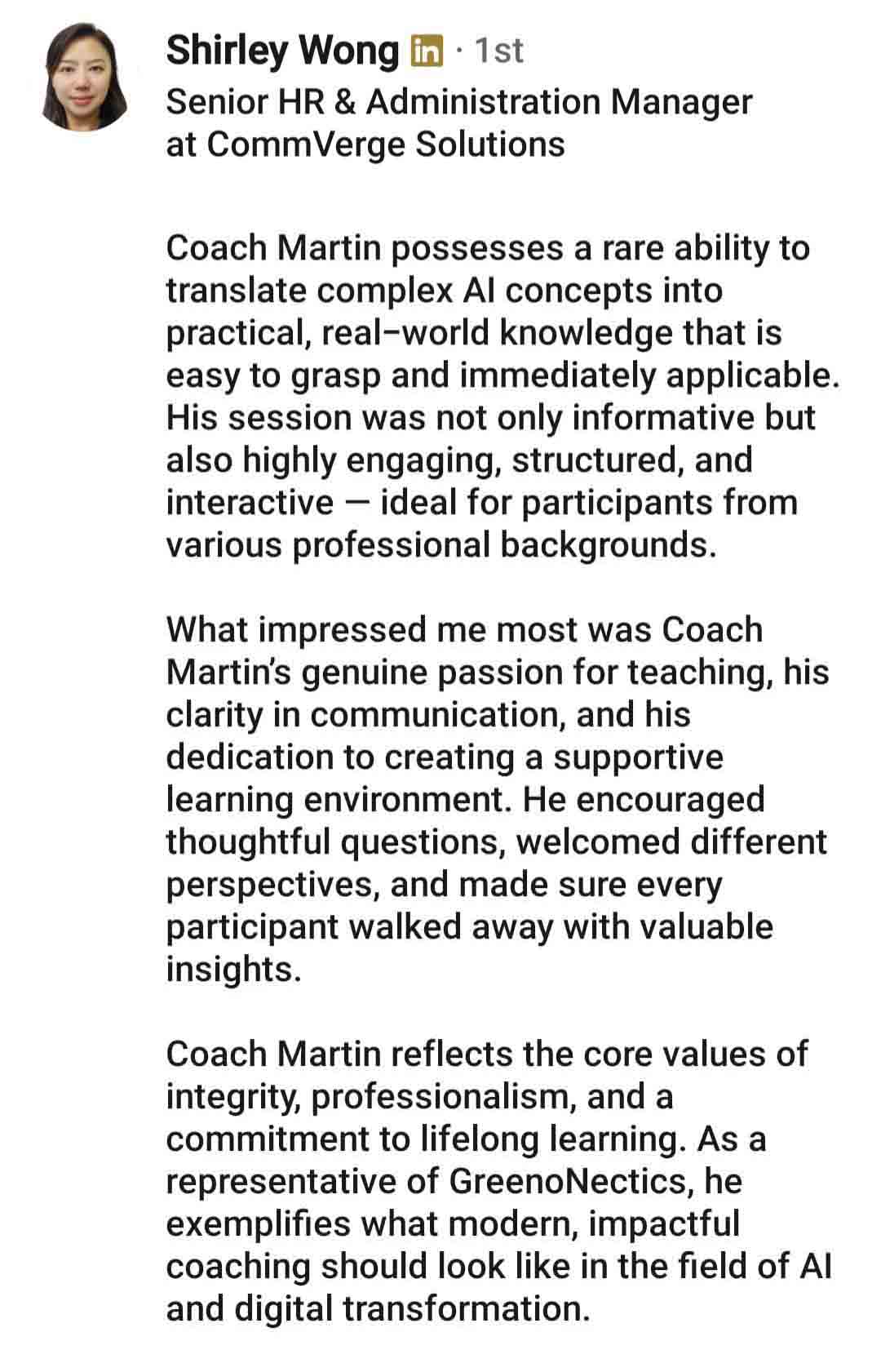 2 GreenoNetics ChatGPT Co-Pilot DeepSeek Claude AI CommVerge Solutions Client Testimonial Shirley Wong