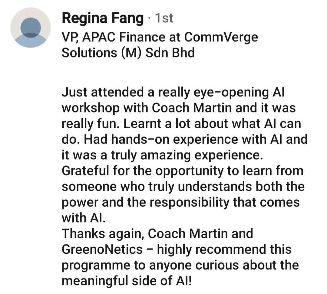 4 GreenoNetics ChatGPT Co-Pilot DeepSeek Claude AI CommVerge Solutions Client Testimonial Regina Fang