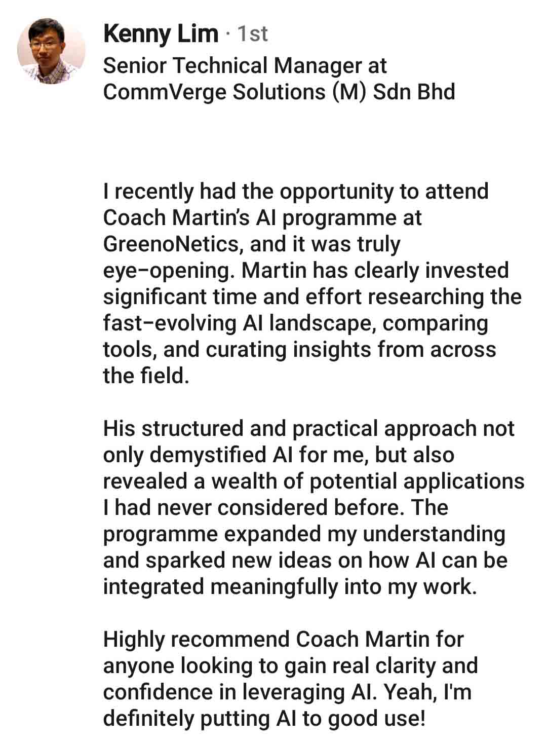 5 GreenoNetics ChatGPT Co-Pilot DeepSeek Claude AI CommVerge Solutions Client Testimonial Kenny Lim